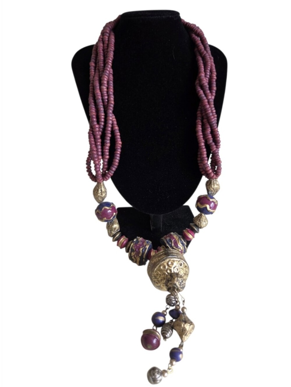 chunky ethnic tribal bell tassel necklace multi strand mauve bead 28 Inches